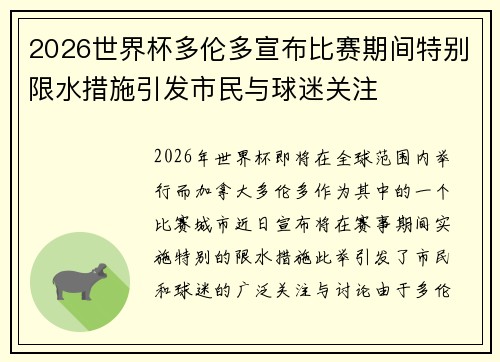 2026世界杯多伦多宣布比赛期间特别限水措施引发市民与球迷关注