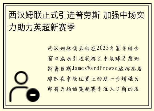 西汉姆联正式引进普劳斯 加强中场实力助力英超新赛季