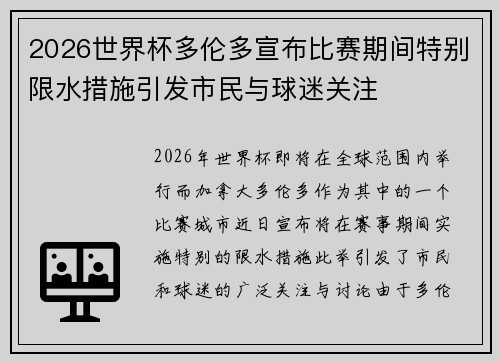 2026世界杯多伦多宣布比赛期间特别限水措施引发市民与球迷关注